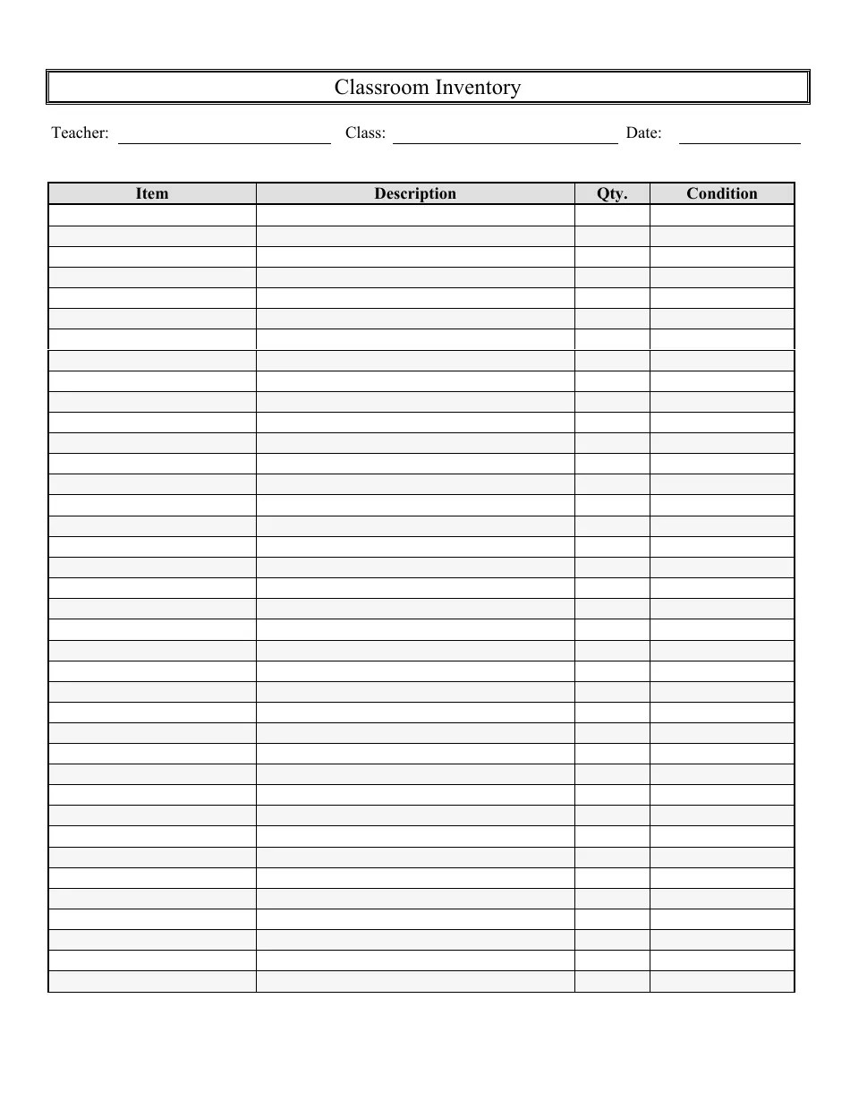 Classroom Inventory Template Big Table Download Printable PDF