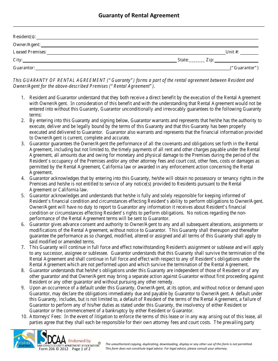 San Diego County, California Guaranty of Rental Agreement Template