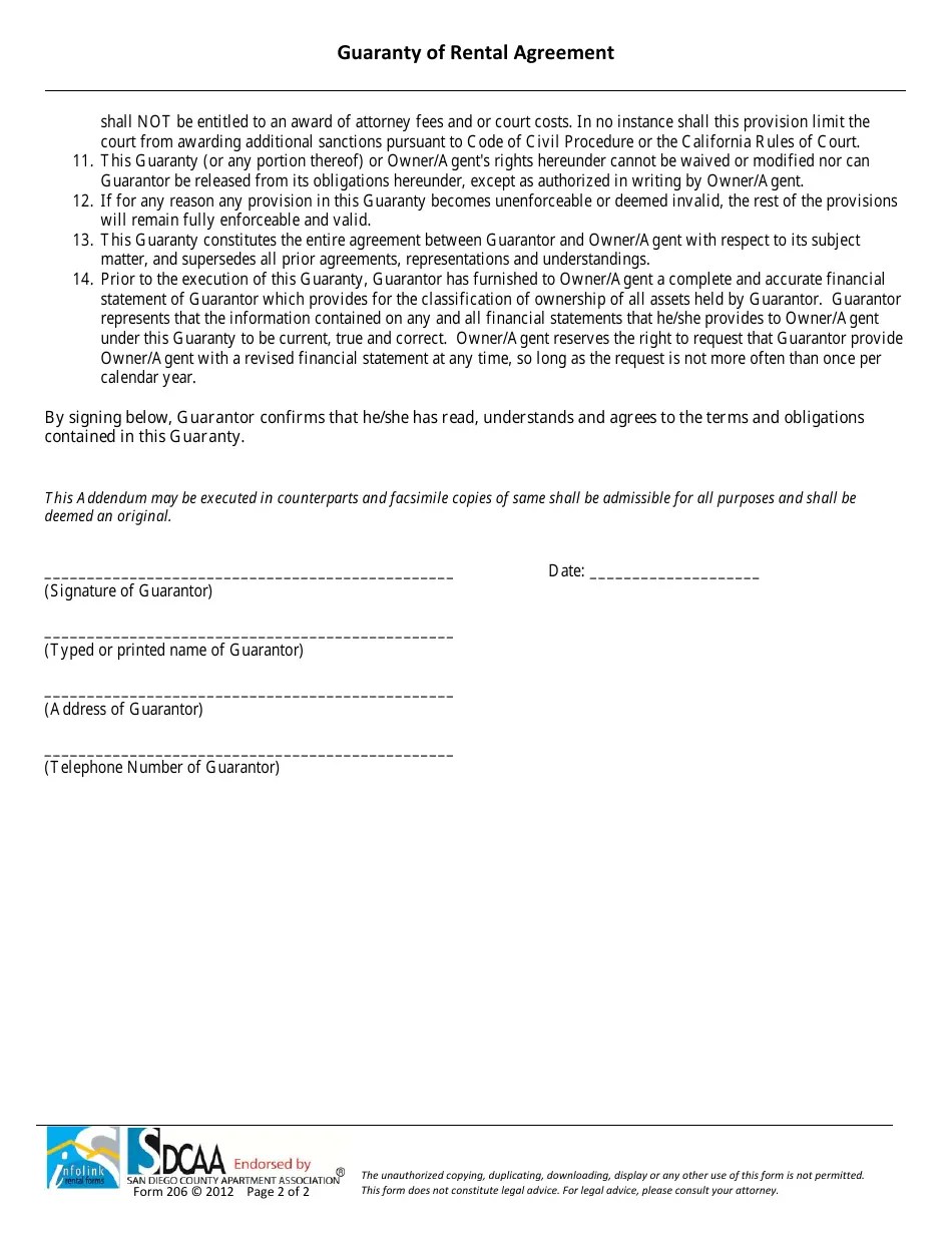 San Diego County, California Guaranty of Rental Agreement Template