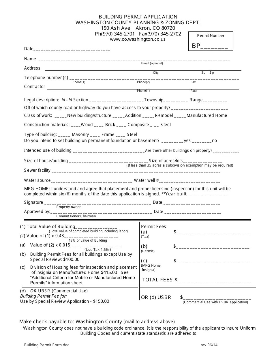 Washington County, Colorado Building Permit Application Form Fill Out, Sign Online and