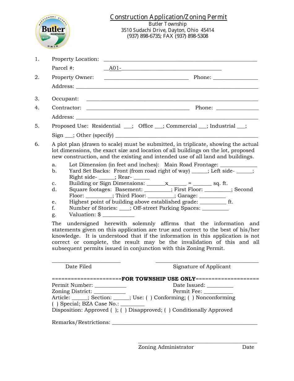 Butler Township, Ohio Construction Application/Zoning Permit Fill Out