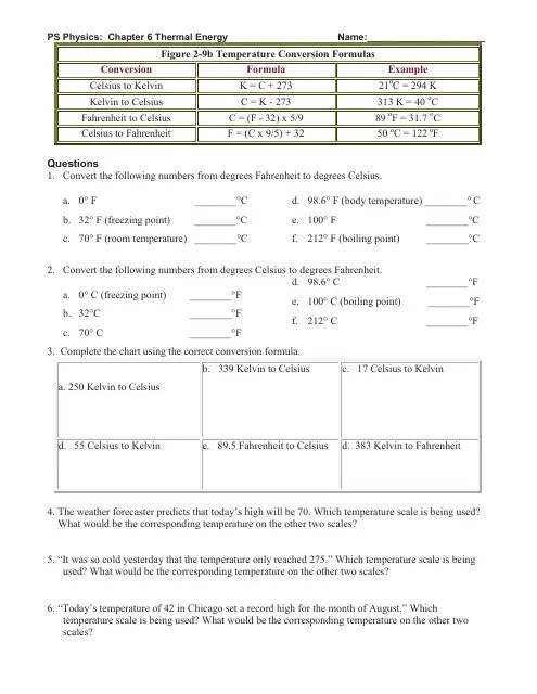 Ps Physics Chapter 6 Thermal Energy Worksheet Jayne Heier, Brookings
