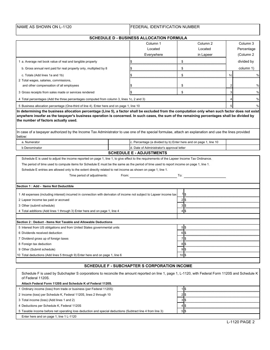 Form L1120 Fill Out, Sign Online and Download Printable PDF, CITY OF