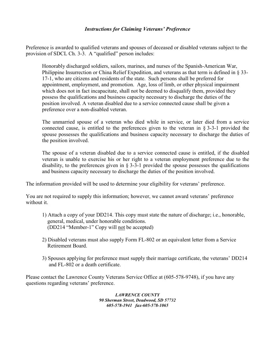 Lawrence County, South Dakota Veterans' Preference Form Fill Out