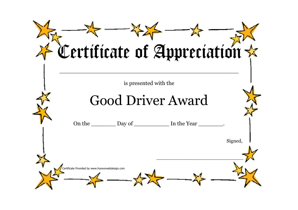 Good Driver Award Certificate Template Stars Download Printable PDF