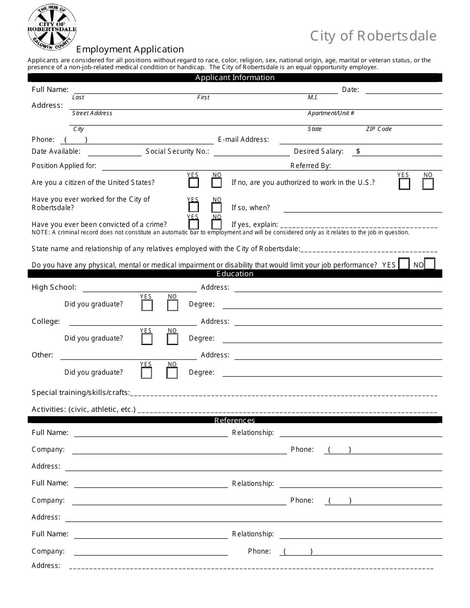 City of Robertsdale, Alabama Employment Application Form Fill Out, Sign Online and Download