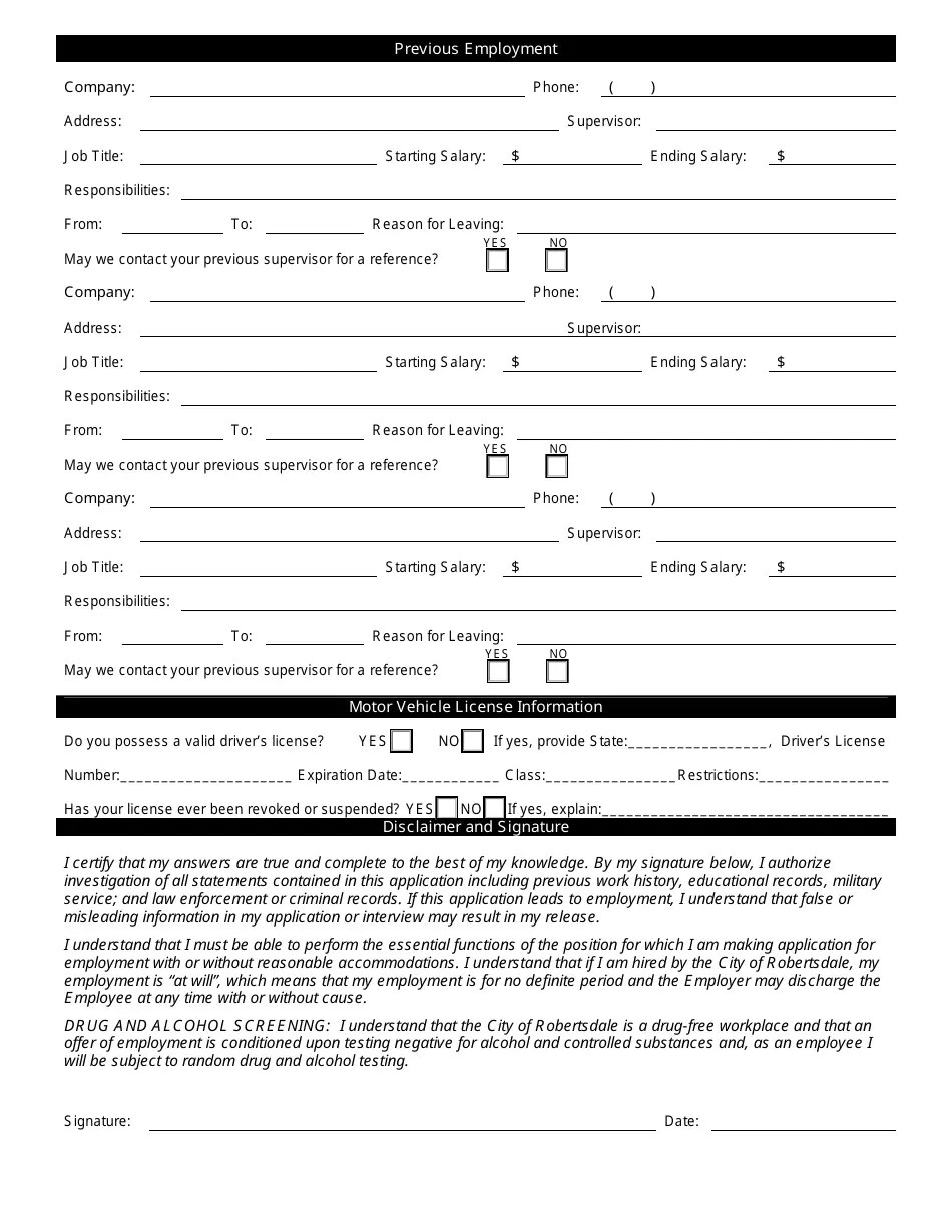 City of Robertsdale, Alabama Employment Application Form Fill Out, Sign Online and Download