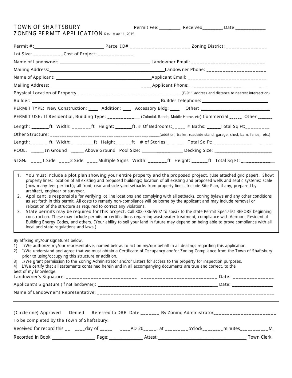 Town of Shaftsbury, Vermont Zoning Permit Application Form Fill Out
