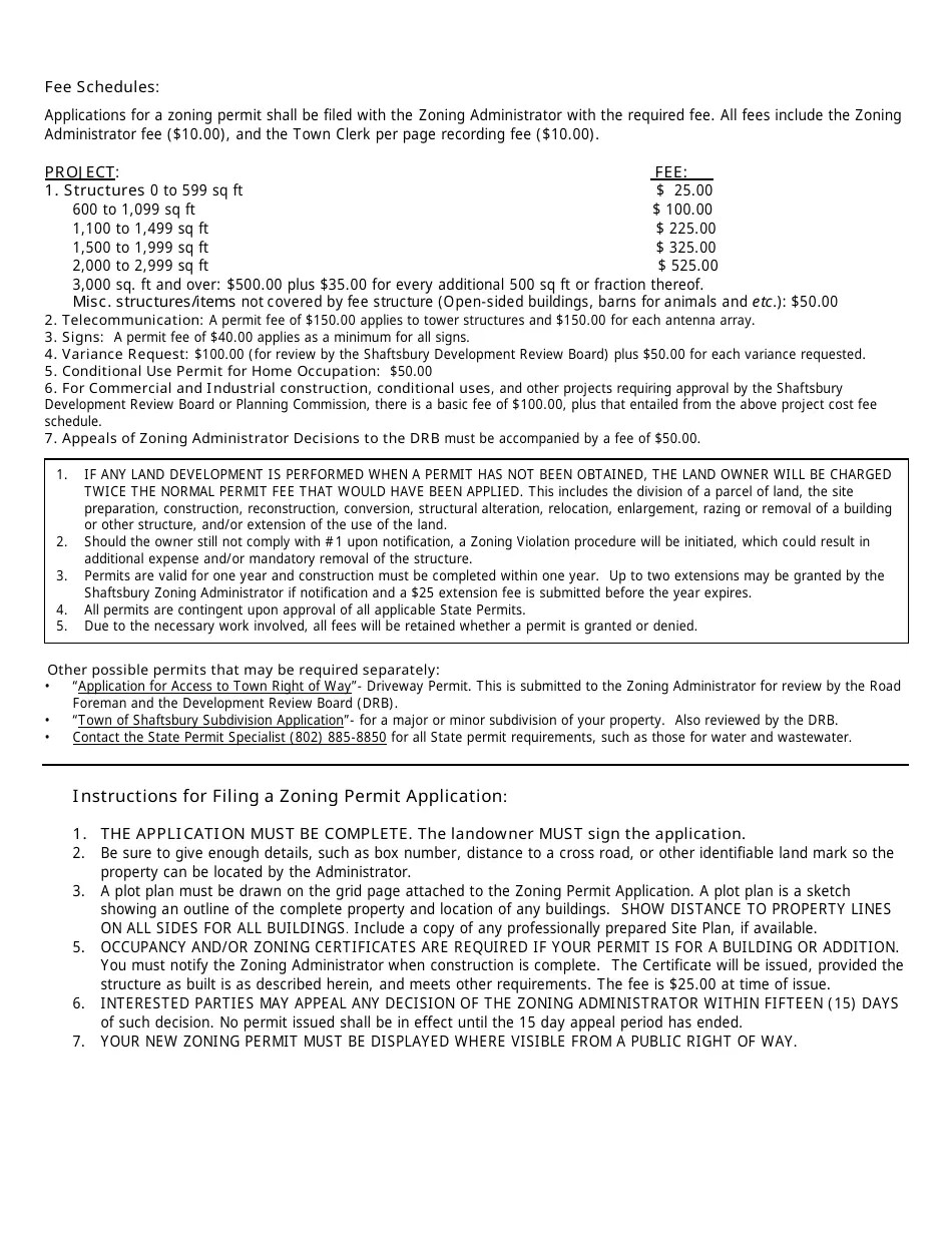 Town of Shaftsbury, Vermont Zoning Permit Application Form Fill Out
