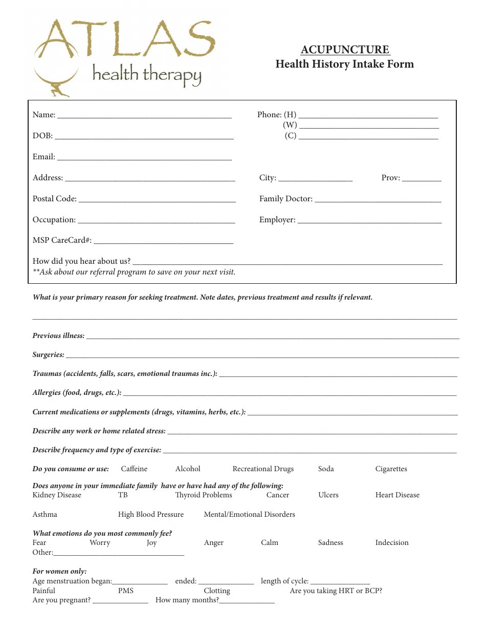 Health History Intake Form Atlas Fill Out, Sign Online and Download