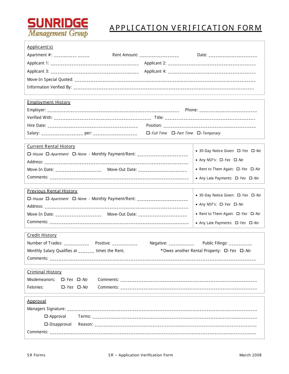 Application Verification Form Sunridge Management Group Fill Out