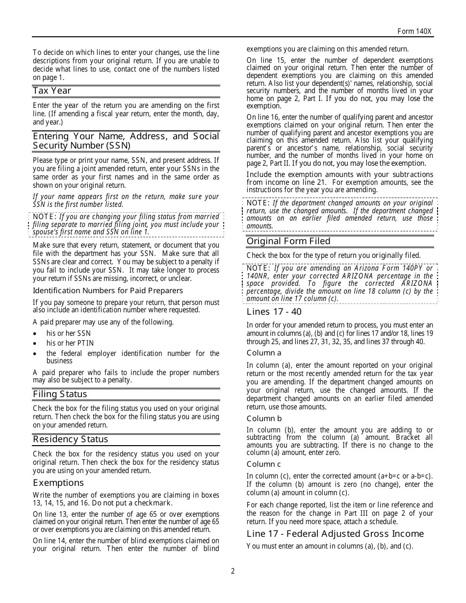 Download Instructions for Arizona Form 140X Individual Amended Return