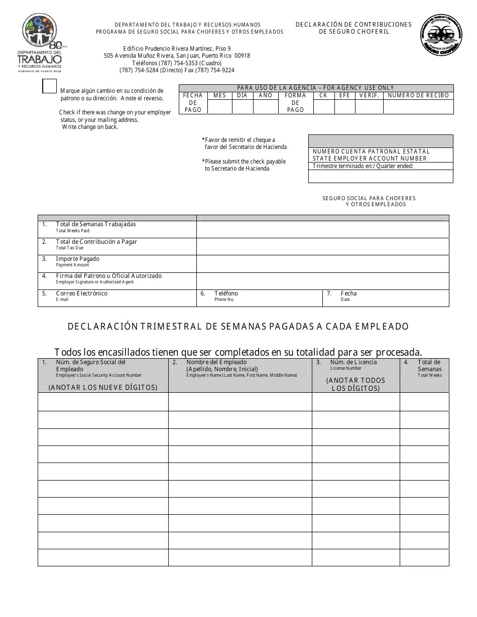 Puerto Rico Declaracion De Contribuciones De Seguro Choferil (Puerto