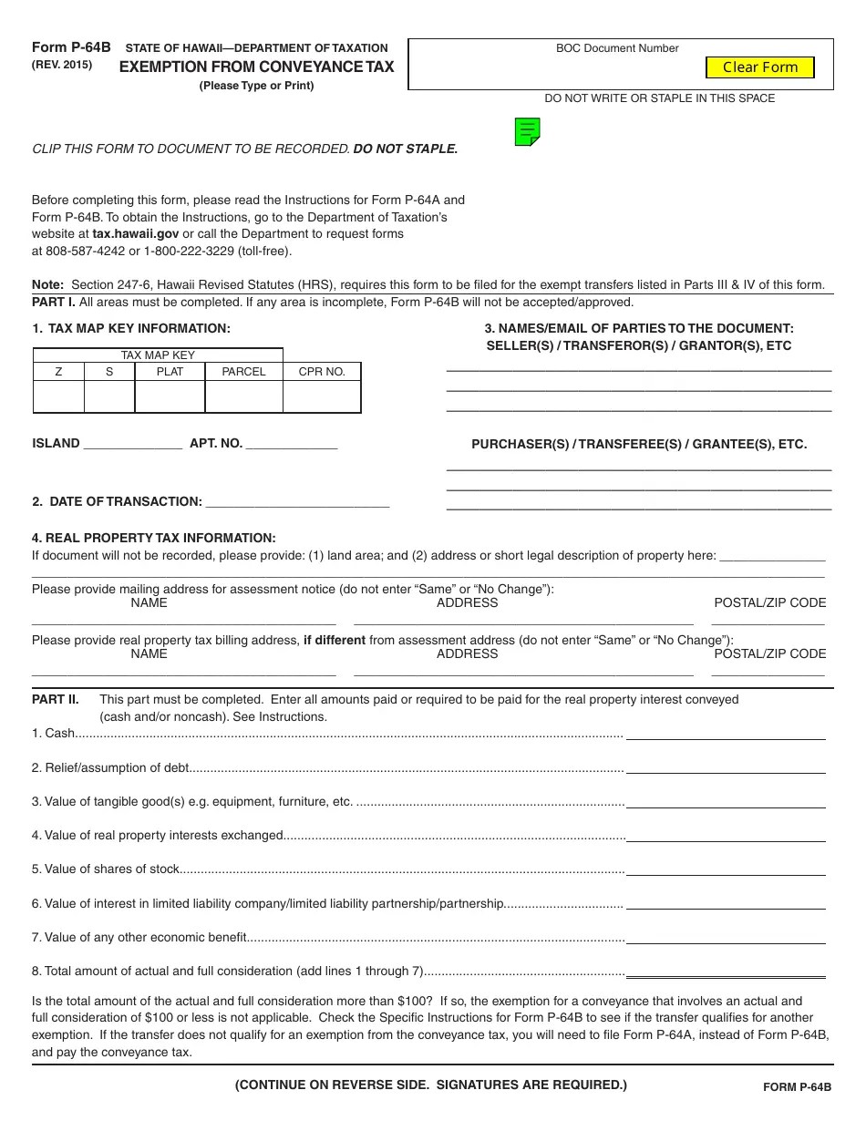 Form P64B Fill Out, Sign Online and Download Fillable PDF, Hawaii