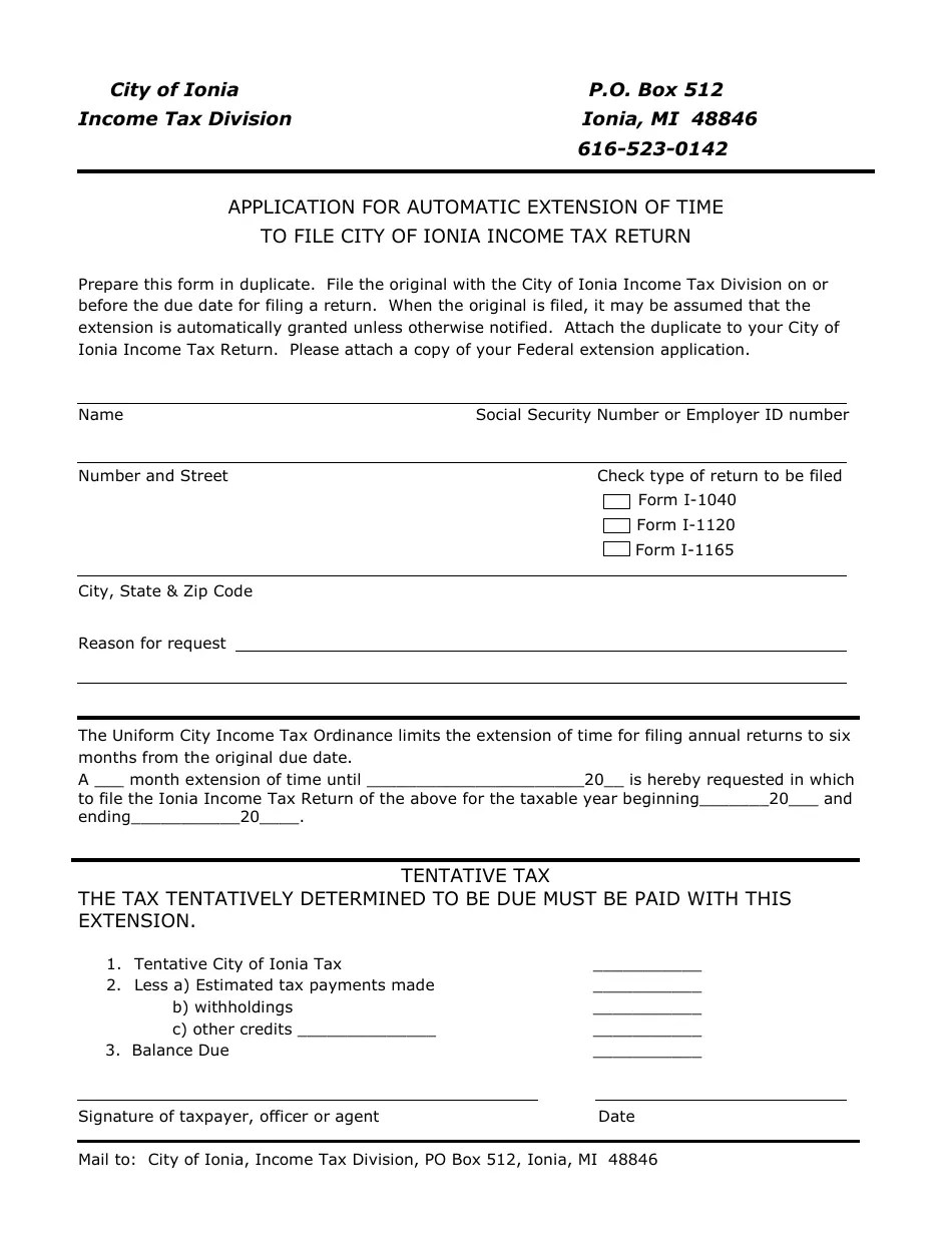City of Ionia, Michigan Application for Automatic Extension of Time to File City of Ionia