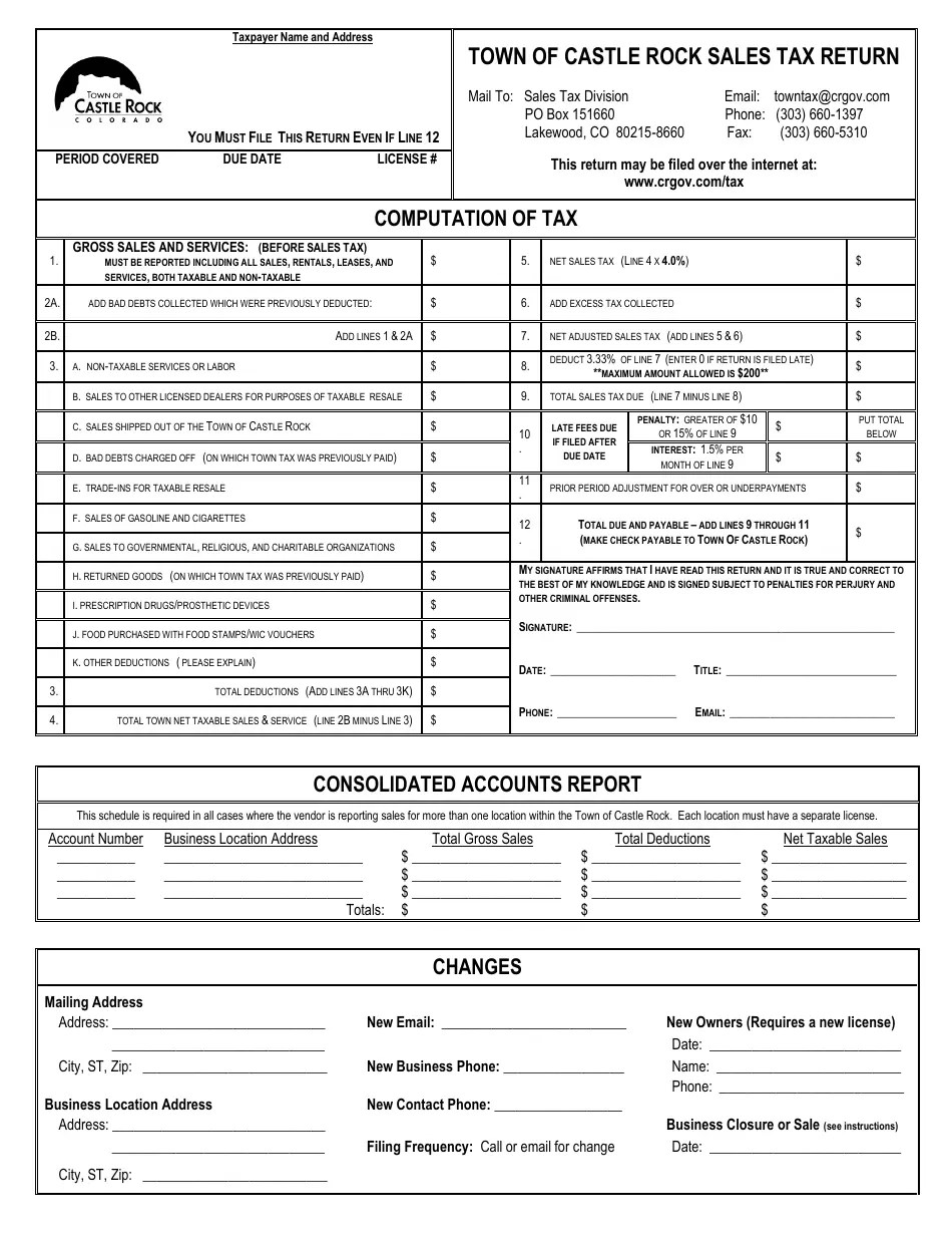 Town of Castle Rock, Colorado Sales Tax Return Form Fill Out, Sign