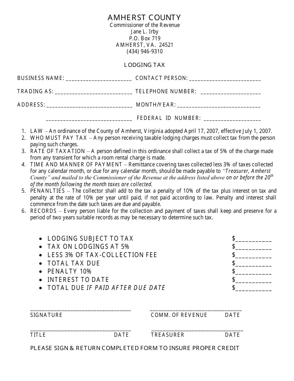 Amherst County, Virginia Lodging Tax Download Printable PDF