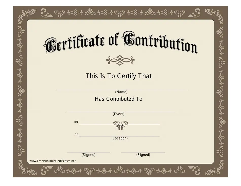 Certificate of Contribution Template Brown Download Printable PDF