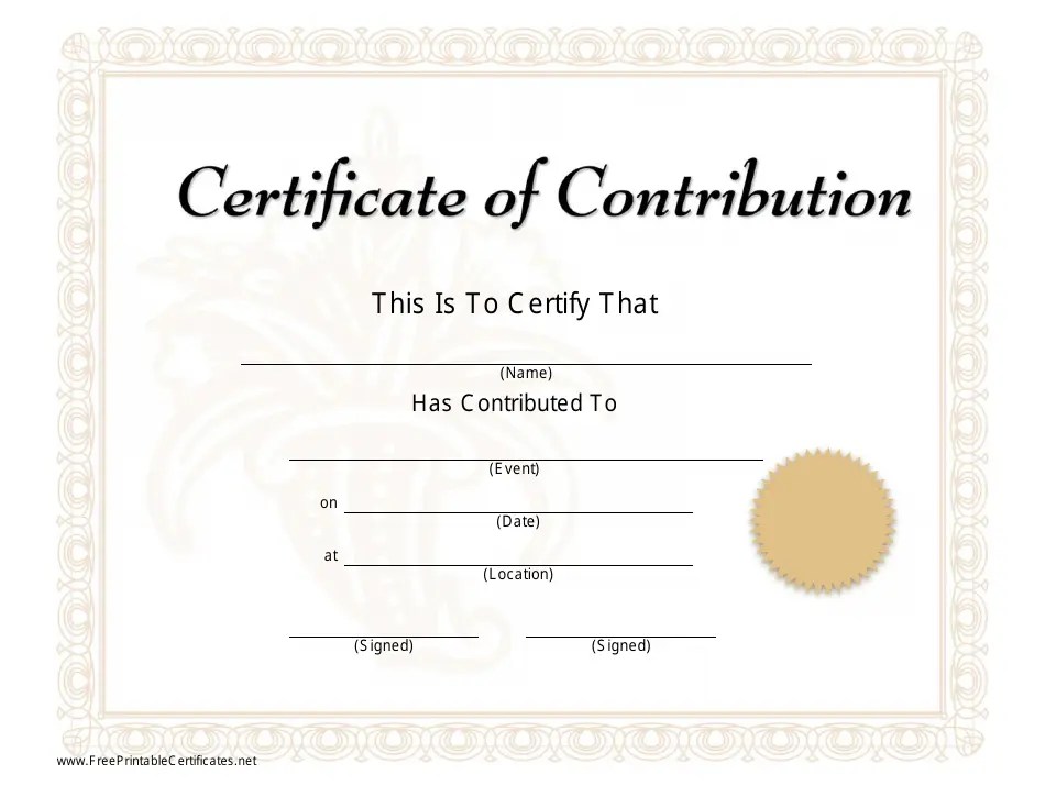 Certificate of Contribution Template Beige Download Printable PDF
