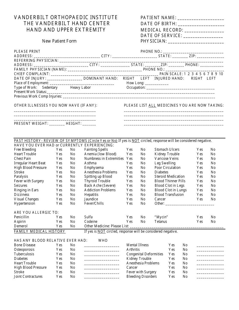 New Patient Form Vanderbilt Orthopaedic Institute, the Vanderbilt