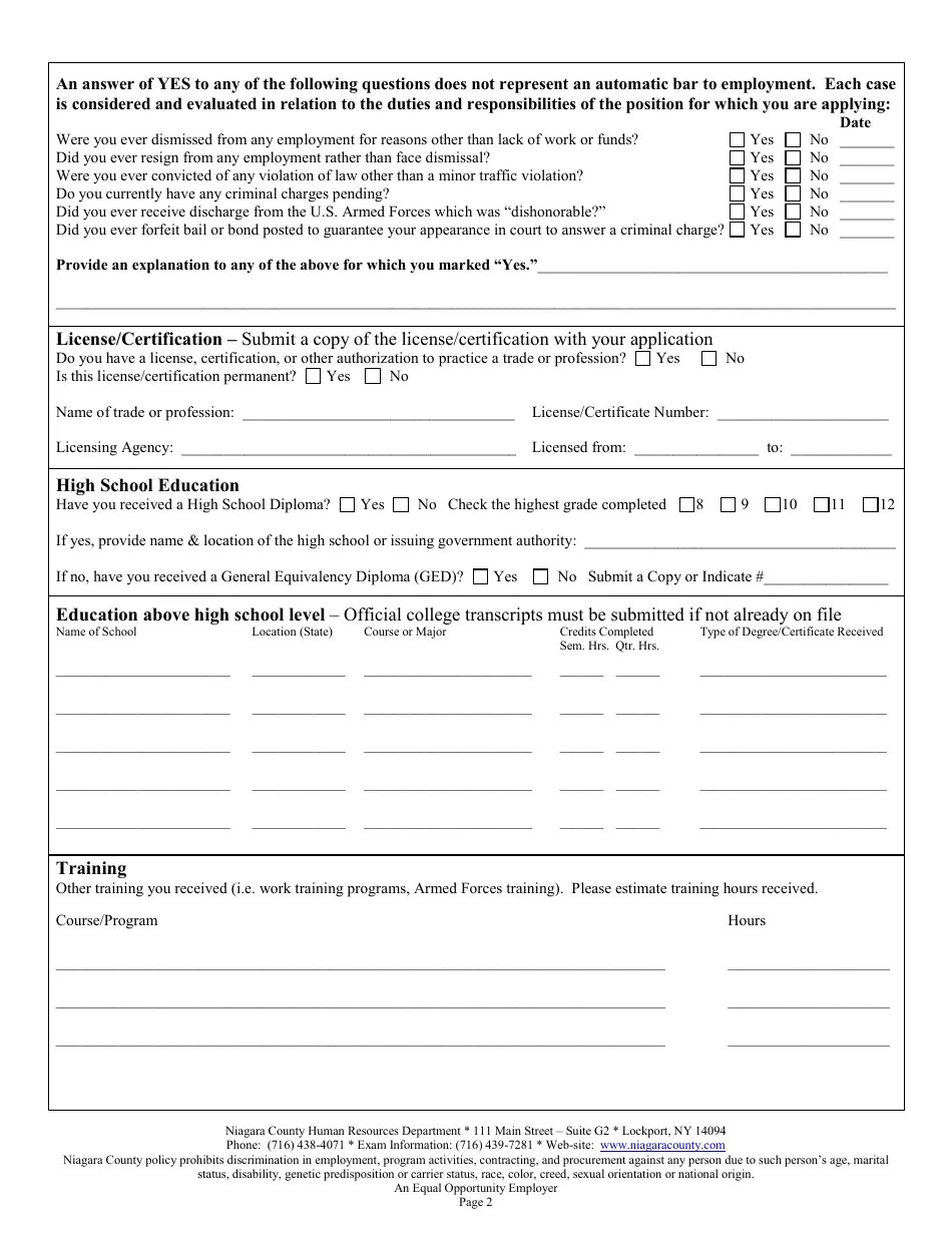 Niagara County, New York Employment/Civil Service Exam Application Form