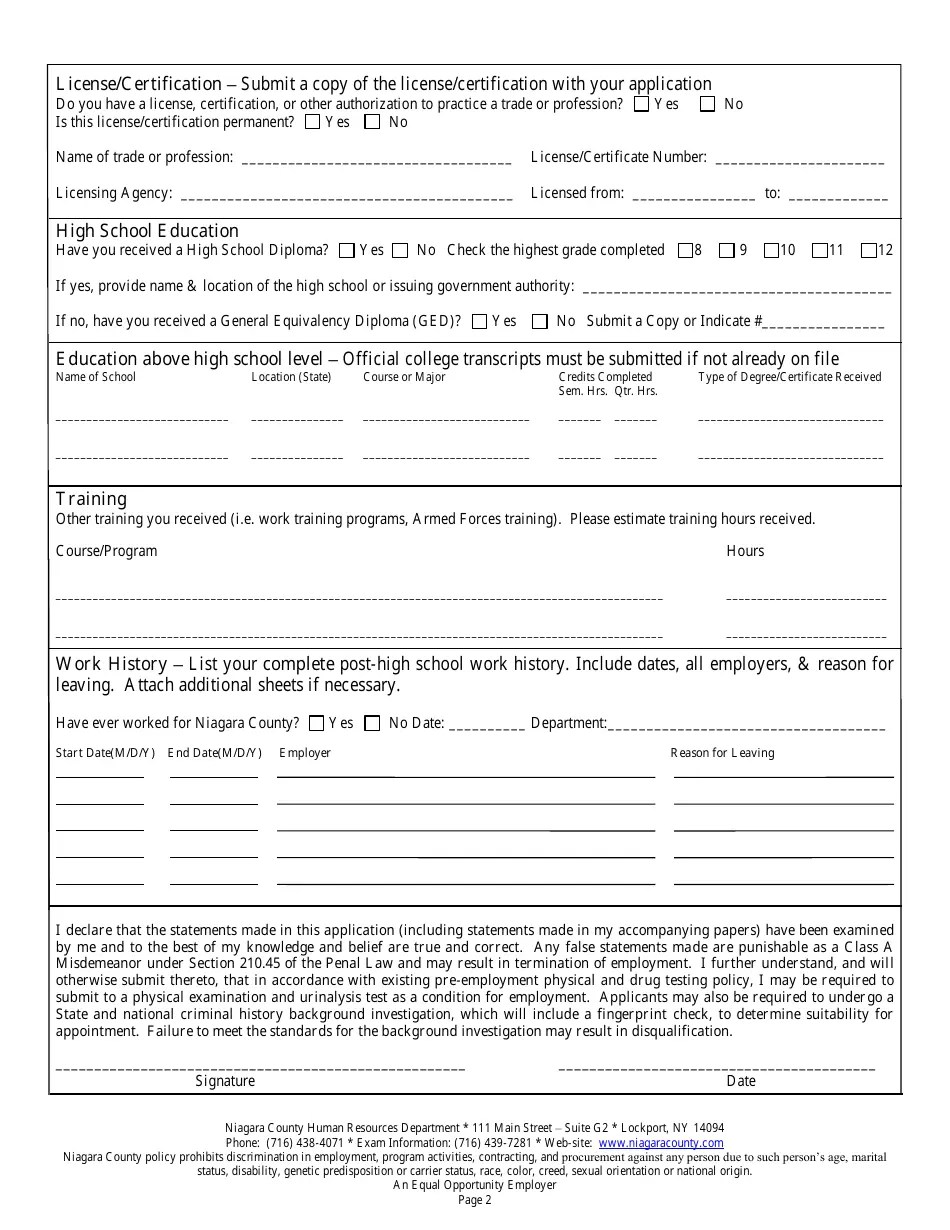 Niagara County, New York Seasonal Employment Application Form Fill