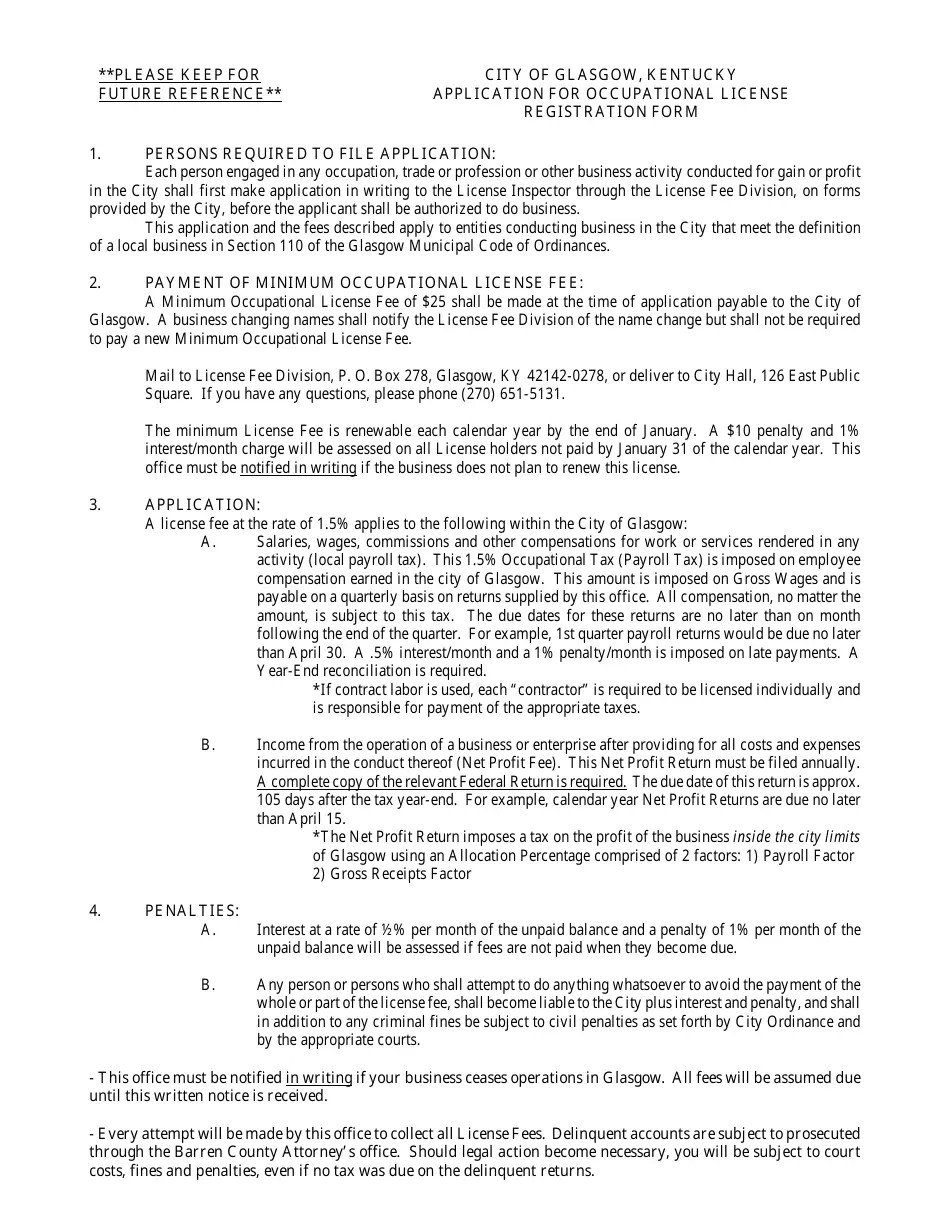 City of Glasgow, Kentucky Application for Occupational License Fill Out, Sign Online and