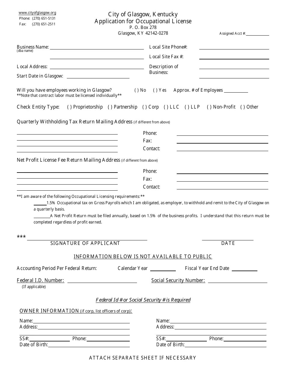 City of Glasgow, Kentucky Application for Occupational License Fill Out, Sign Online and