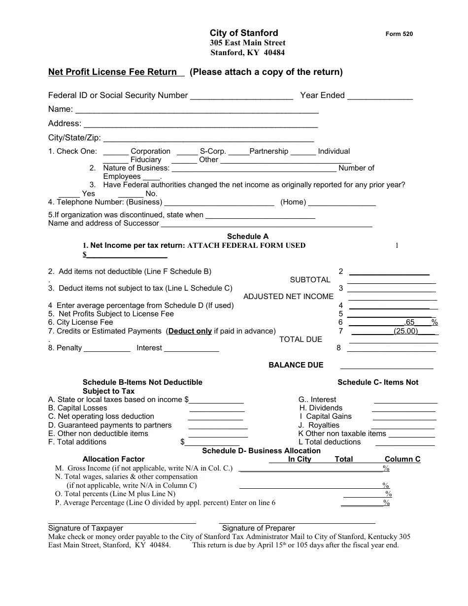 Form 520 Fill Out, Sign Online and Download Printable PDF, City of
