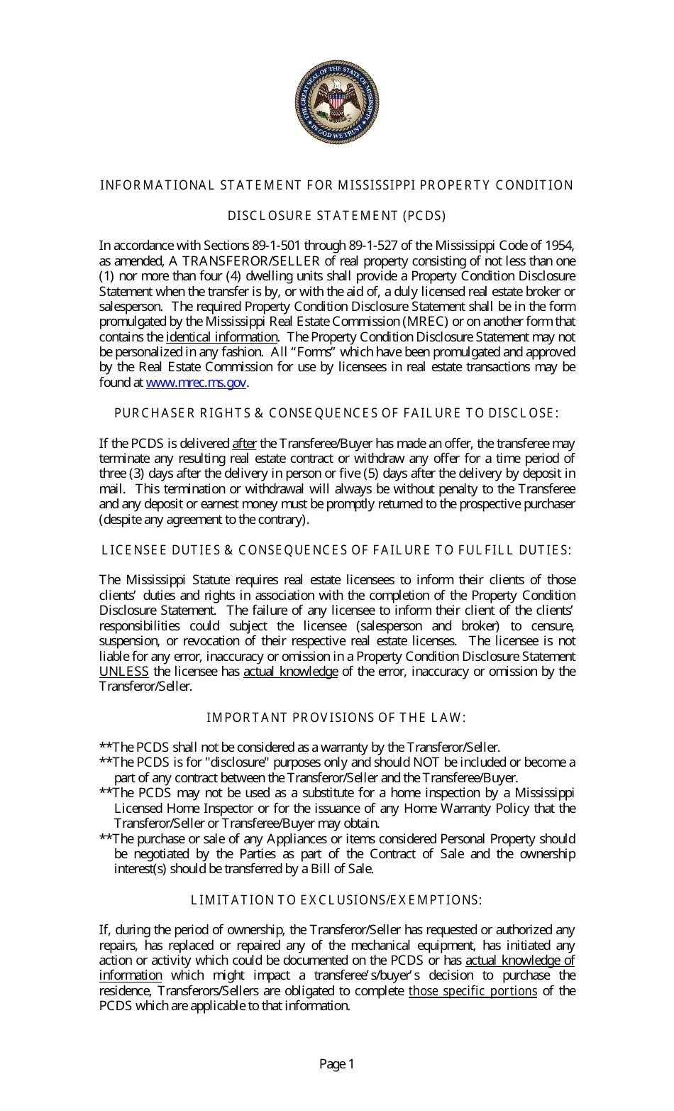 Mississippi Informational Statement for Mississippi Property Condition