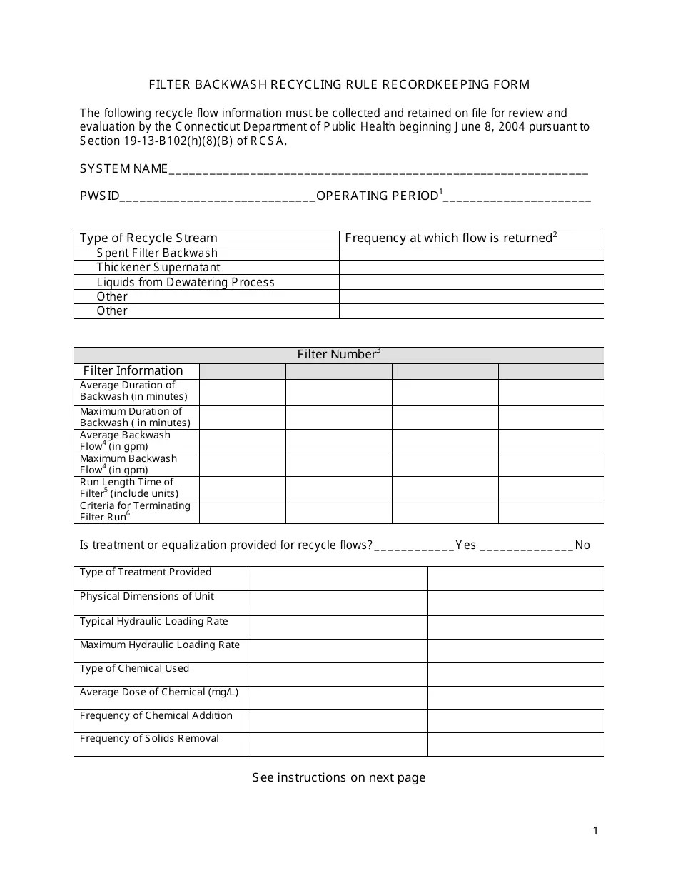 Connecticut Filter Backwash Recycling Rule Recordkeeping Form Fill