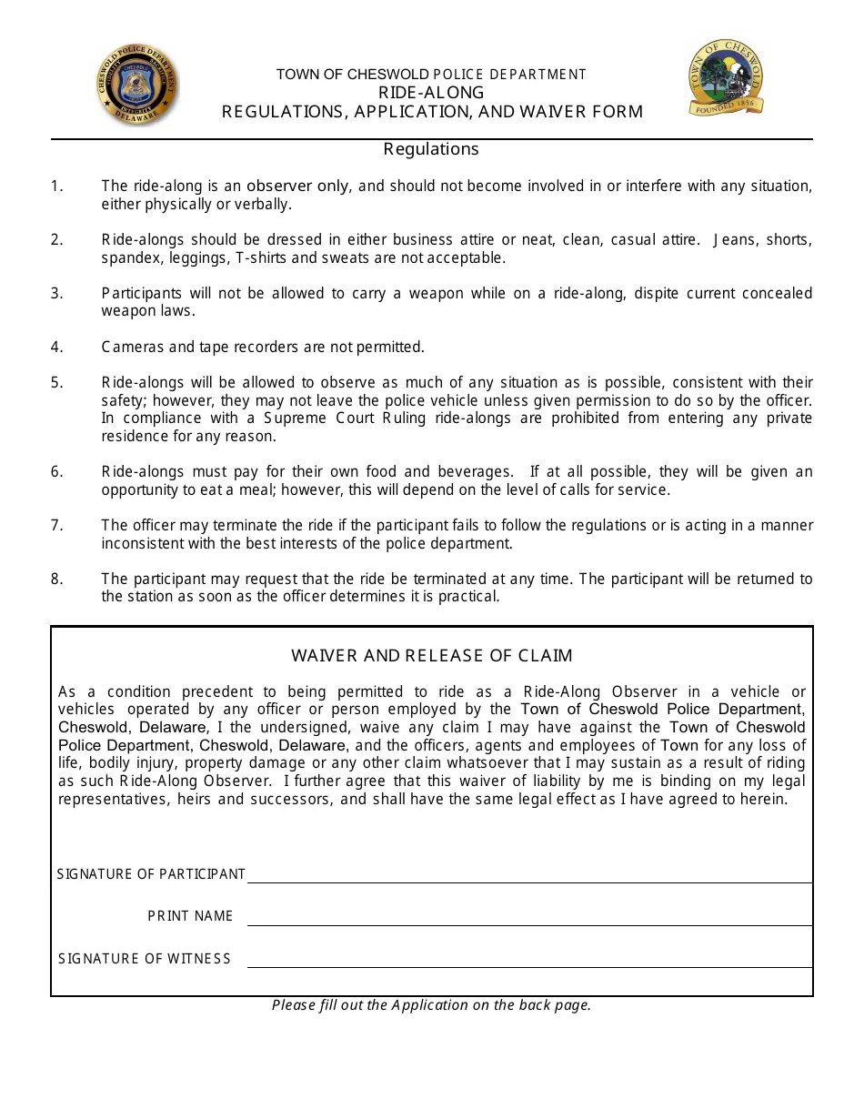 Town of Cheswold, Delaware RideAlong Application / Waiver Form Fill Out, Sign Online and
