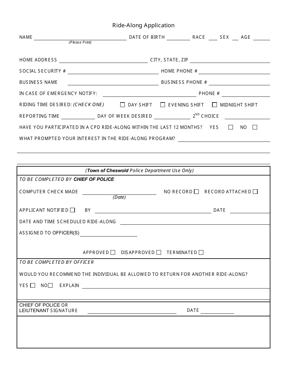 Town of Cheswold, Delaware RideAlong Application / Waiver Form Fill