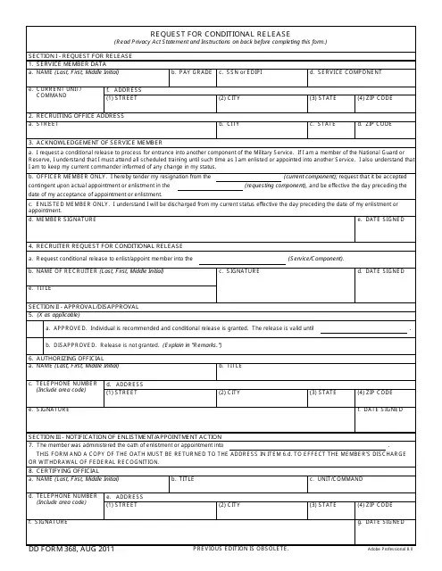 DD Form 368 Download Fillable PDF, Request for Conditional Release