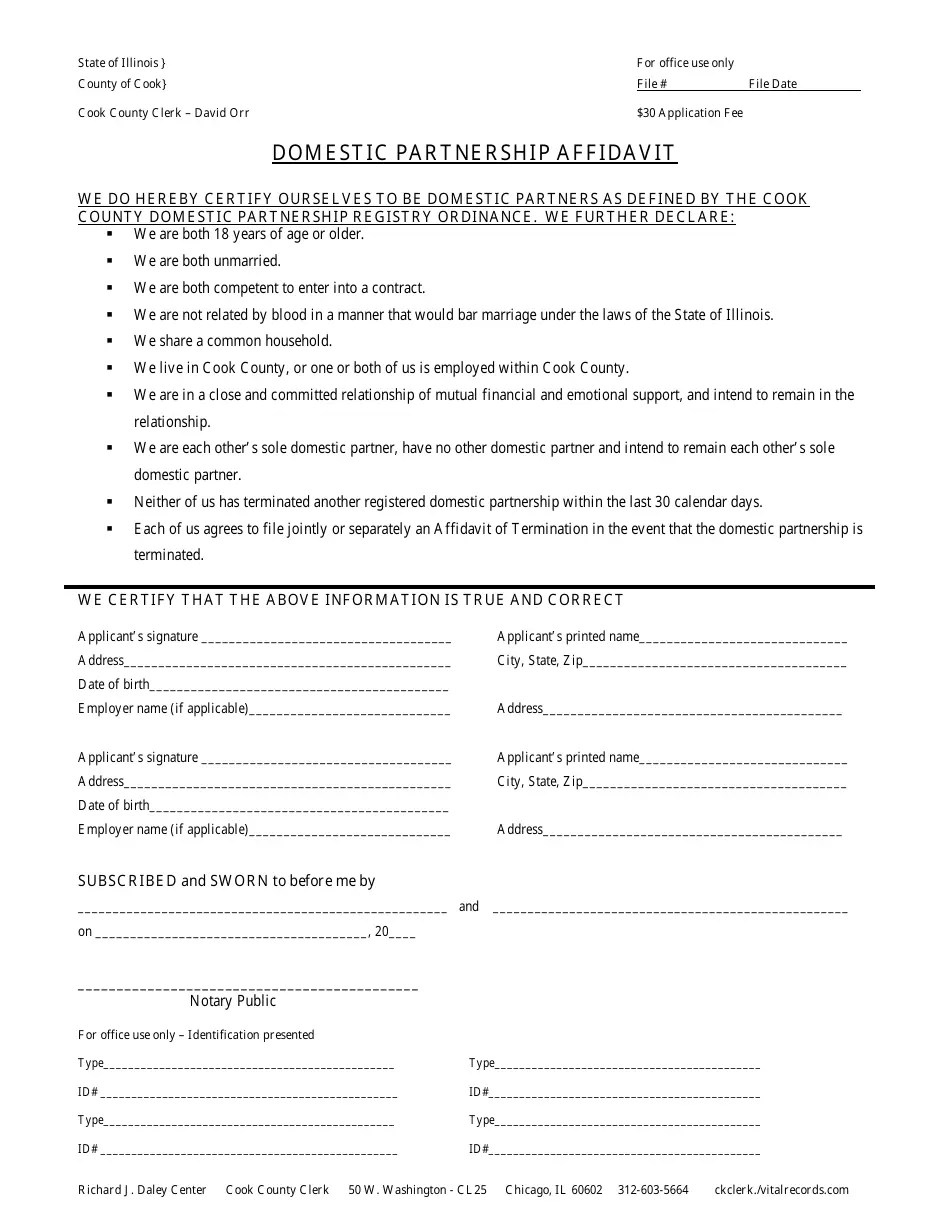 Cook County, Illinois Domestic Partnership Affidavit Form Fill Out, Sign Online and Download