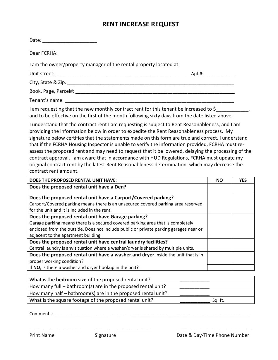 Fairfax County, Virginia Rent Increase Request Form Fill Out, Sign