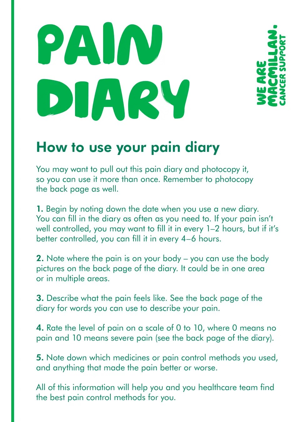 Pain Diary Template We Are Macmillan Cancer Support Download