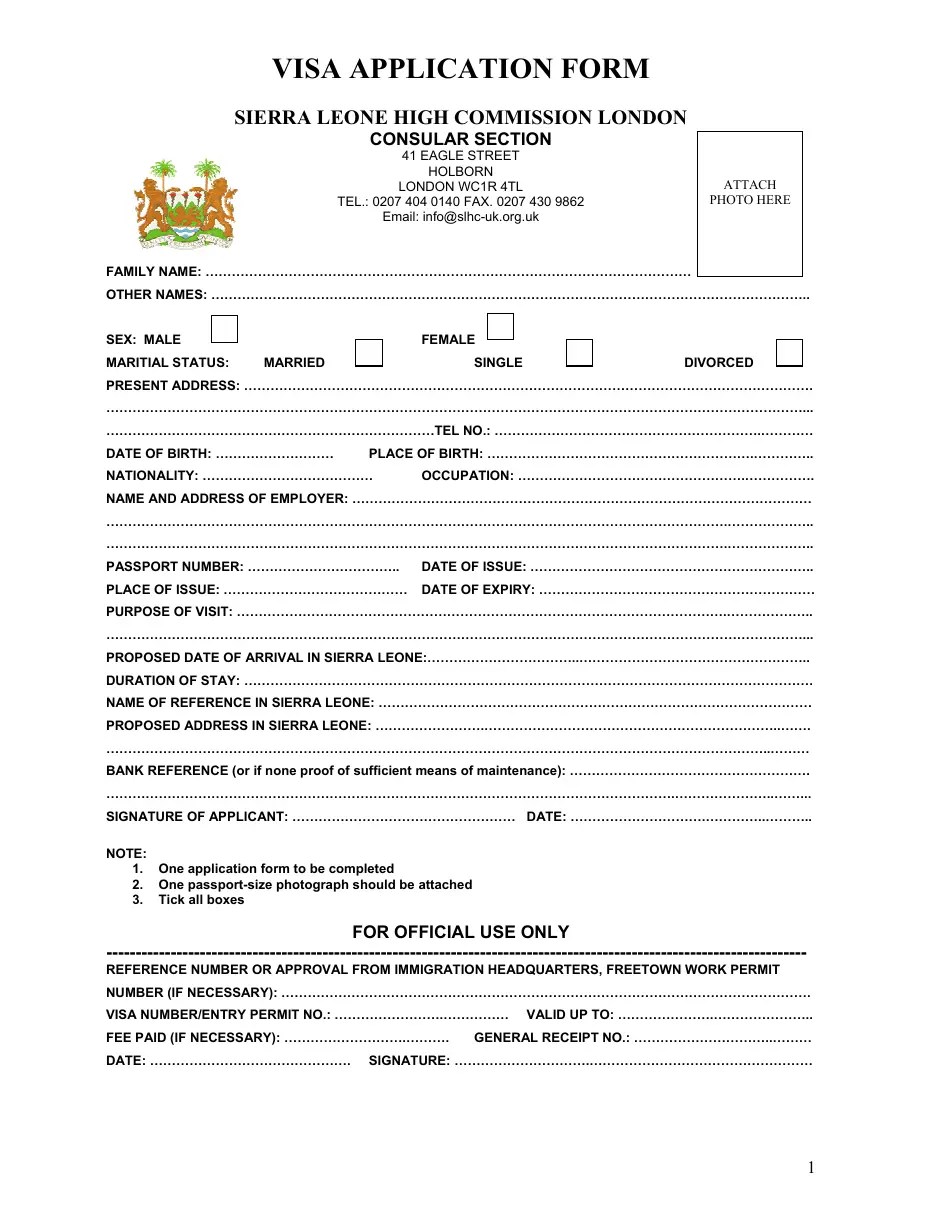 Greater London United Kingdom Sierra Leone Visa Application Form