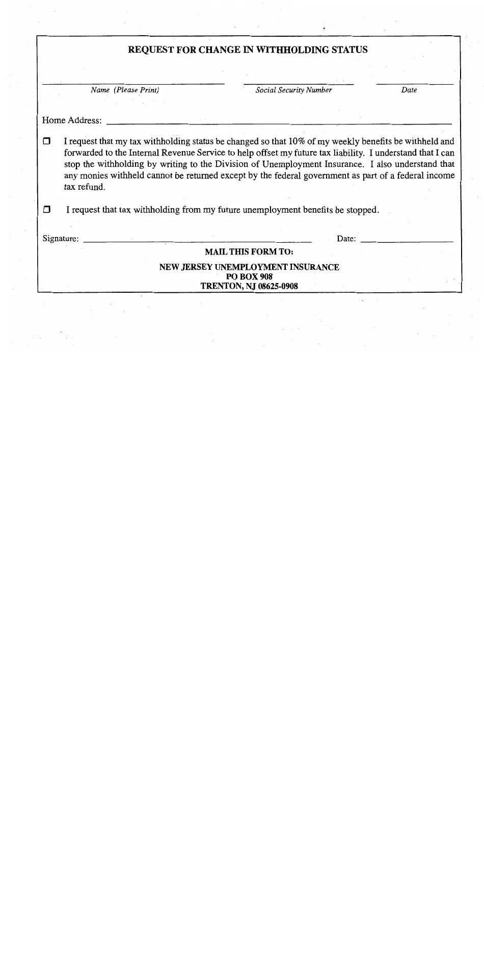 New Jersey Request for Change in Withholding Status Fill Out, Sign