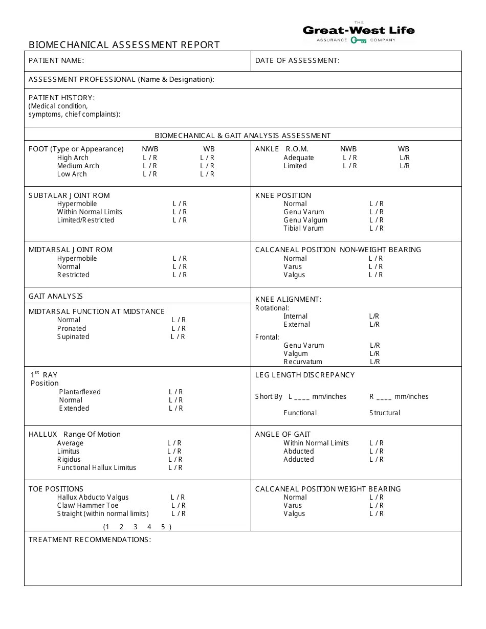 Biomechanical Assessment Report Form GreatWest Life Assurance