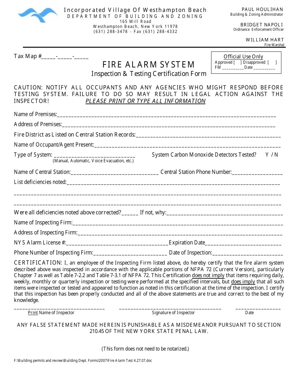 Village of Westhampton Beach, New York Inspection & Testing