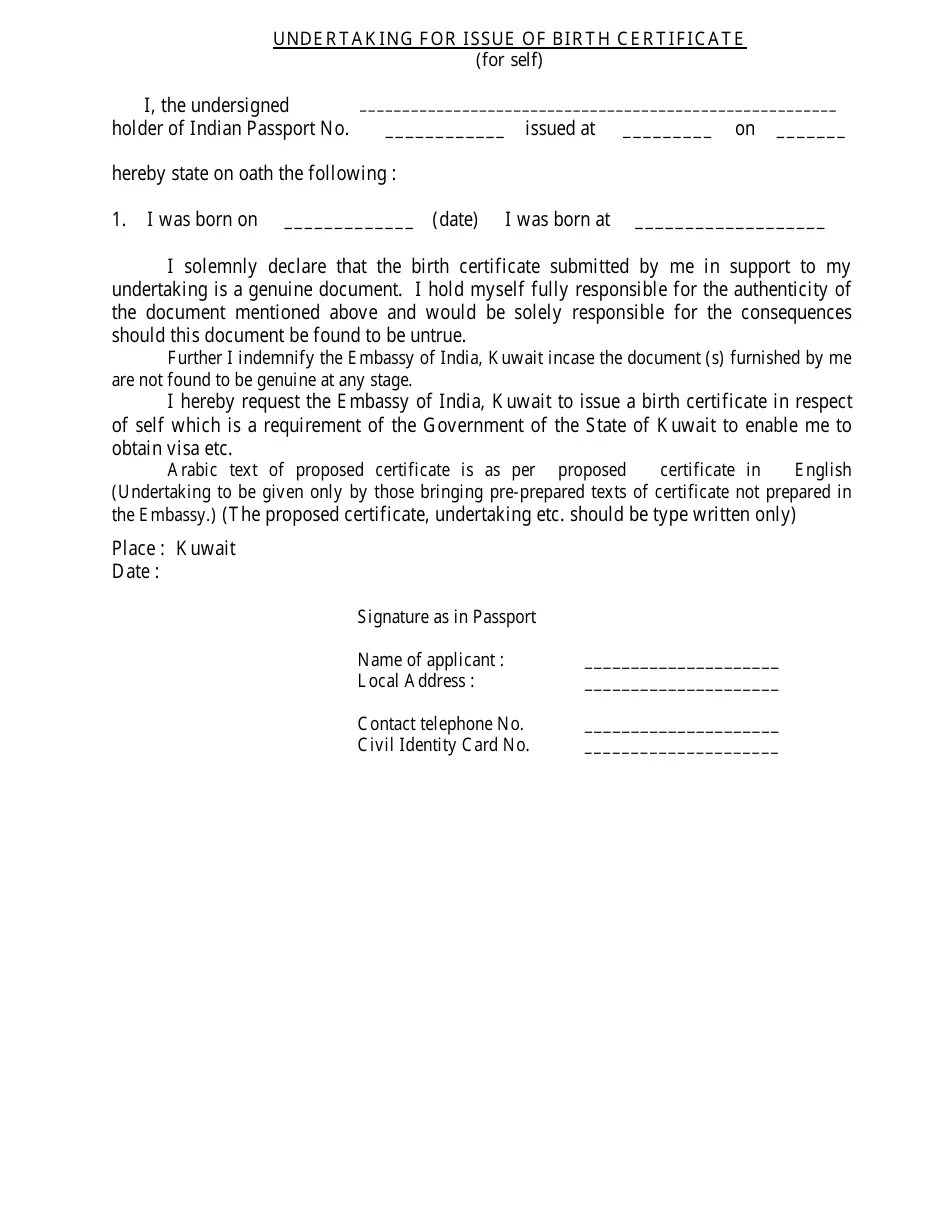 Kuwait Indian Passport Holder Authorization Form Embassy of India