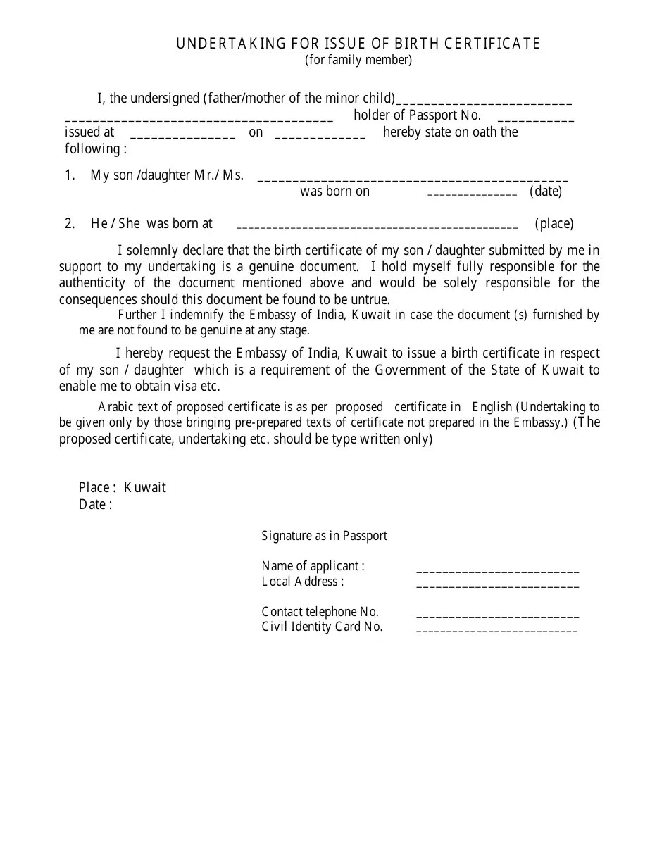 Kuwait Indian Passport Holder Authorization Form Embassy of India