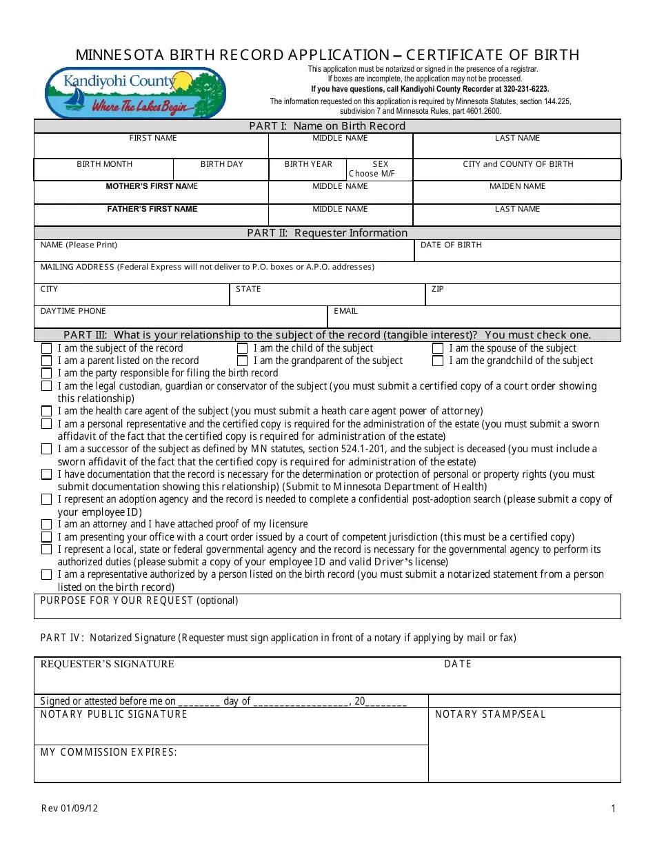 Kandiyohi County, Minnesota Certificate of Birth Form Fill Out, Sign Online and Download PDF
