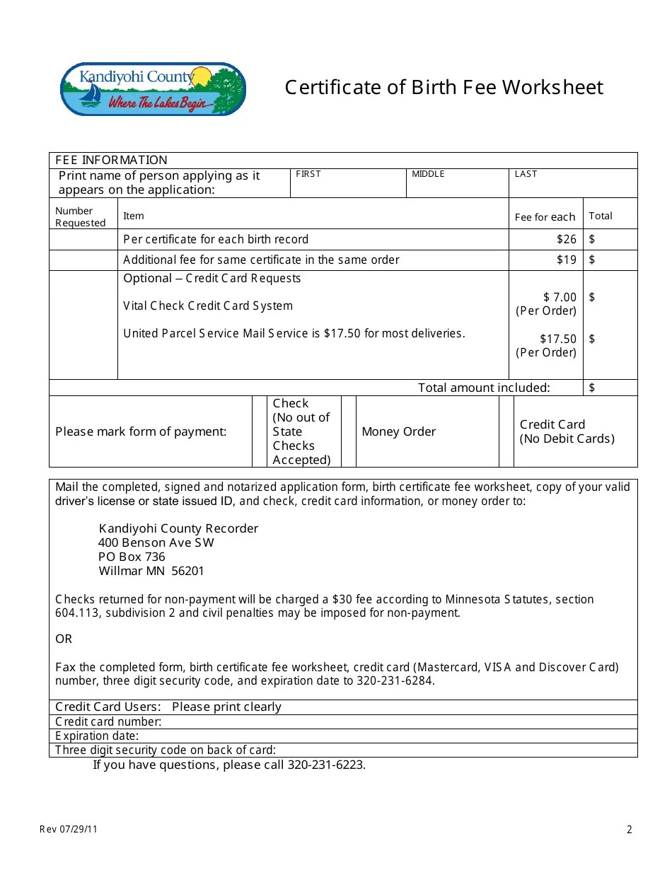Kandiyohi County, Minnesota Certificate of Birth Form Fill Out, Sign Online and Download PDF