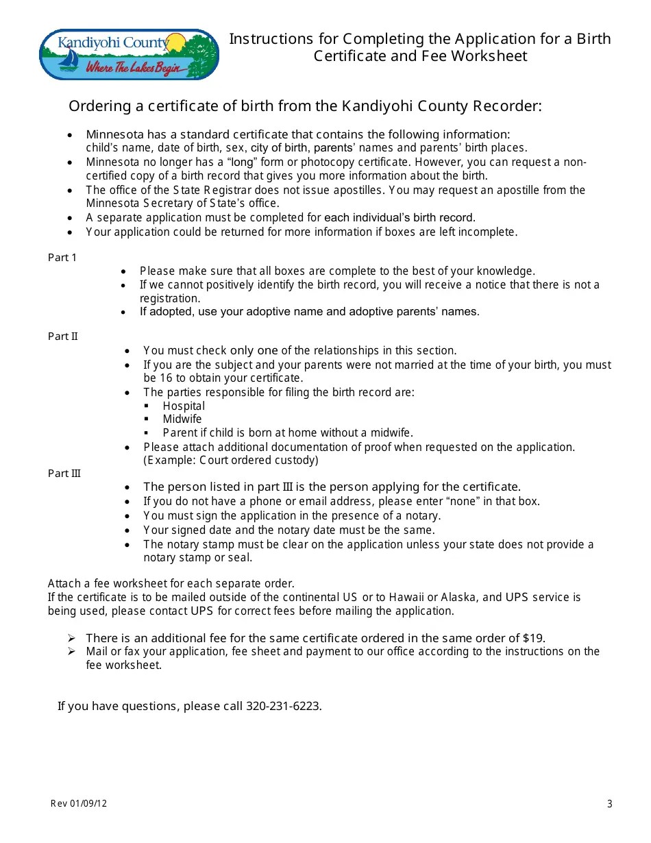 Kandiyohi County, Minnesota Certificate of Birth Form Fill Out, Sign Online and Download PDF