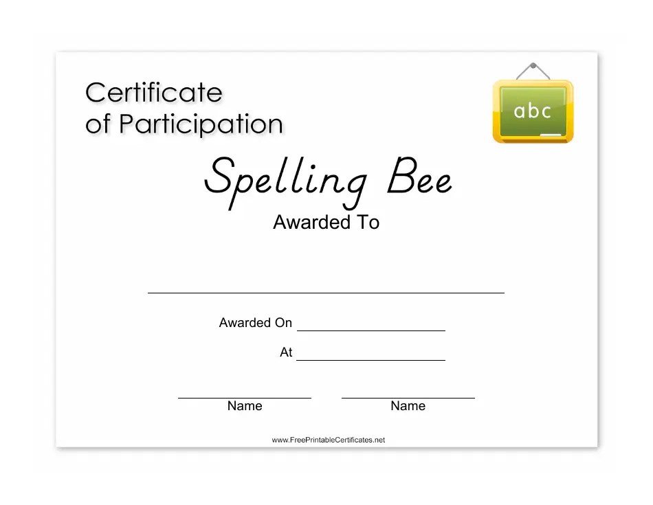 Spelling Bee Certificate of Participation Template White Download