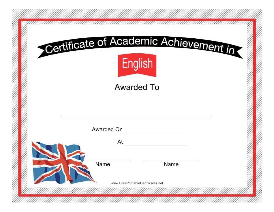 English Language Achievement Certificate Template Blue Flag Download