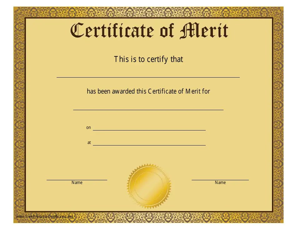 Certificate of Merit Template Gold Download Printable PDF
