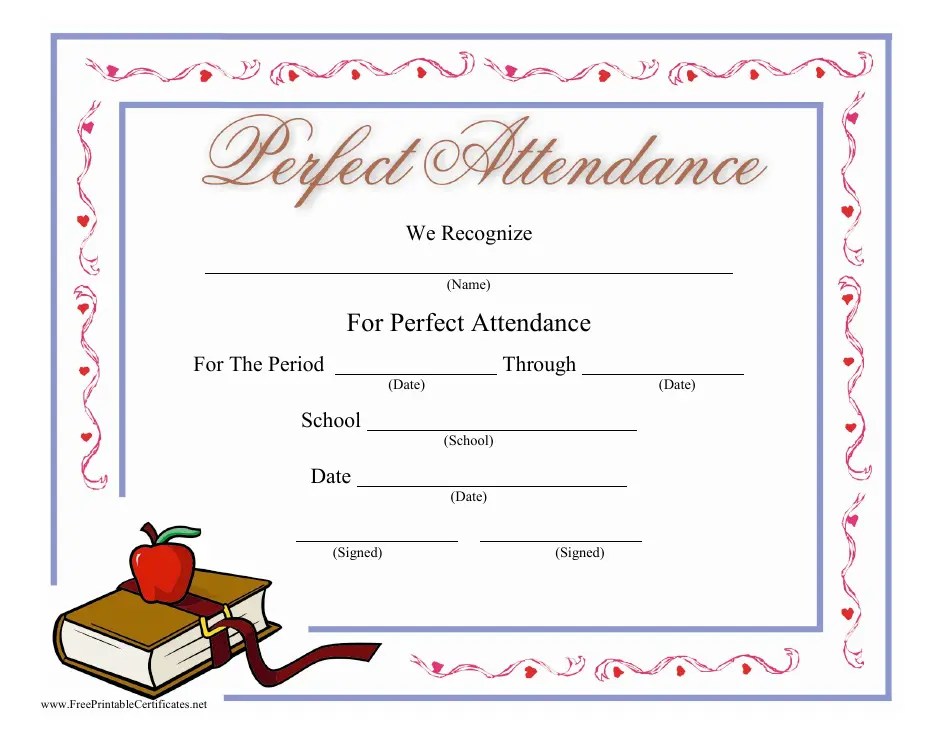 Perfect Attendance Certificate Template - Book Download Printable PDF